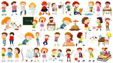 Bir grup sevimli çocuk çizgi film karakteri çizimi