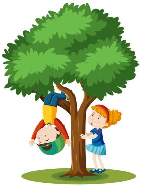 Beyaz arkaplanda izole edilmiş iki çocuk ağaç karikatürüne tırmanıyor.