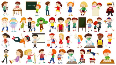 Bir grup sevimli çocuk çizgi film karakteri çizimi