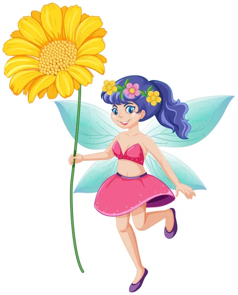 Cute Fairy Holding Yellow Flower Cartoon Character White Background Illustration — Stock Vector