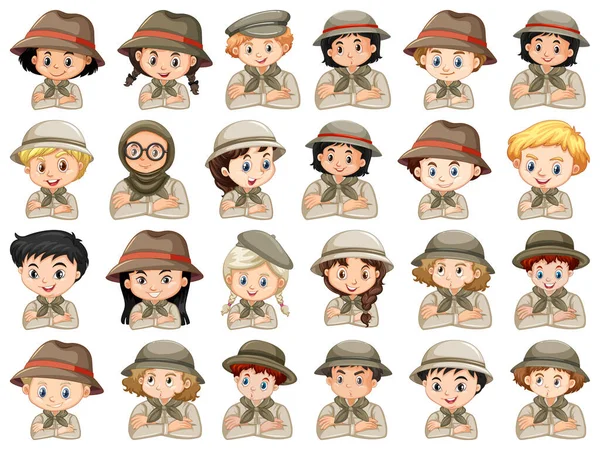 Set Different Characters Boys Girls Scout Costume White Background Illustration — Stock Vector