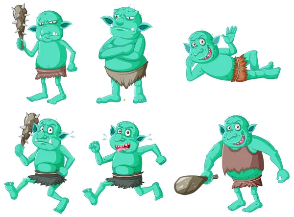 緑のゴブリンのセットや漫画のキャラクター孤立イラストで異なるポーズで制御 — ストックベクタ