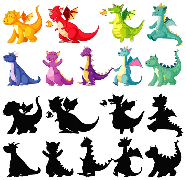 Différentes Couleurs Dragon Couleur Silhouette Personnage Dessin Animé Sur Fond — Image vectorielle