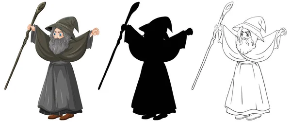 Wizard Kleur Omtrek Silhouet Cartoon Karakter Geïsoleerd Witte Achtergrond Illustratie — Stockvector