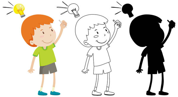 Boy and think lamp on head with its outline and silhouette illustration
