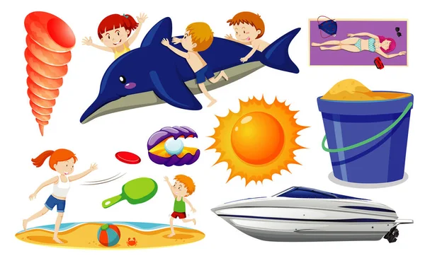 Set Summer Beach Icon Kids Cartoon Style White Background Illustration — Stock Vector