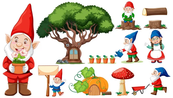 Set Garden Gnome Cartoon Character White Background Illustration — Stock Vector