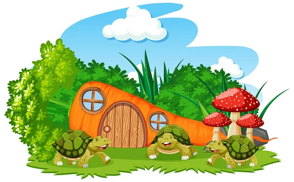 Carrot House Three Turtles Cartoon Style White Background Illustration — Stock Vector