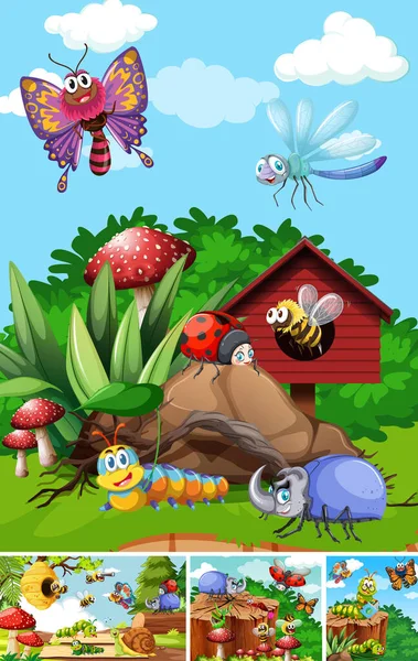 Set Von Verschiedenen Insekten Die Garten Leben Hintergrundillustration — Stockvektor