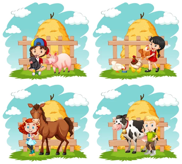 农场里快乐的孩子和农场里的动物 — 图库矢量图片