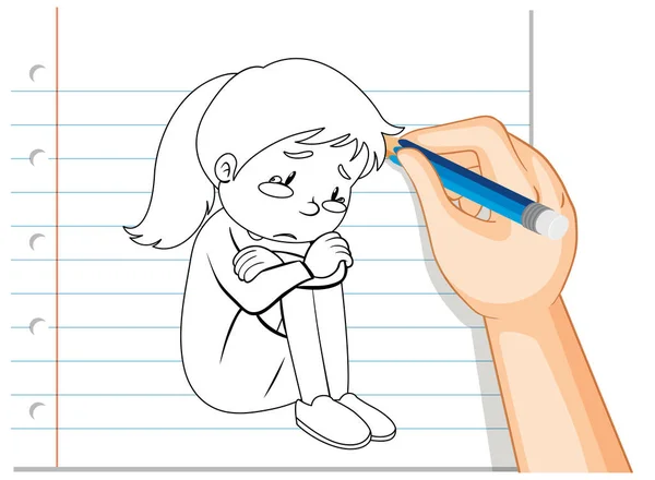 Hand Writing Girl Crying Outline Illustration — Stock Vector