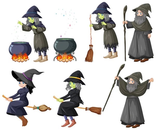 Set Wizard Witches Tools Cartoon Style Isolated White Background Illustration — Stock Vector