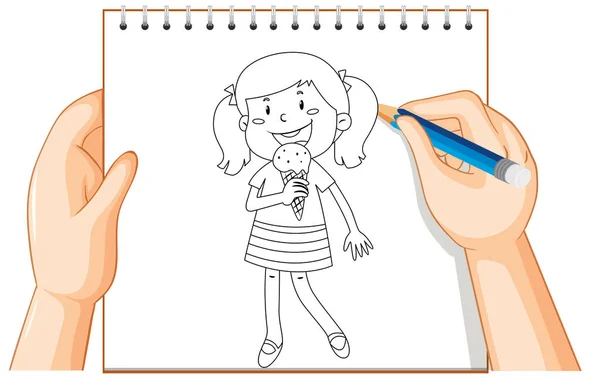 Hand Writing Girl Eating Ice Cream Outline Illustration — Stock Vector