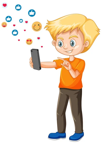 Chłopiec Pomocą Smartfona Ikoną Mediów Społecznościowych Temat Izolowany Białym Tle — Wektor stockowy
