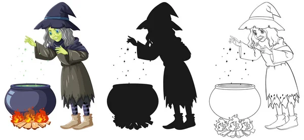 用彩色和轮廓的魔术壶的女巫和用白色背景图隔开的轮廓卡通人物 — 图库矢量图片