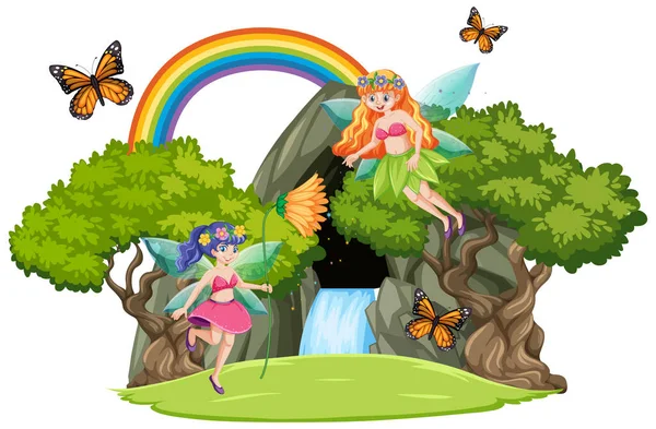 Sprookjes Met Waterval Grot Regenboog Geïsoleerd Witte Achtergrond Illustratie — Stockvector