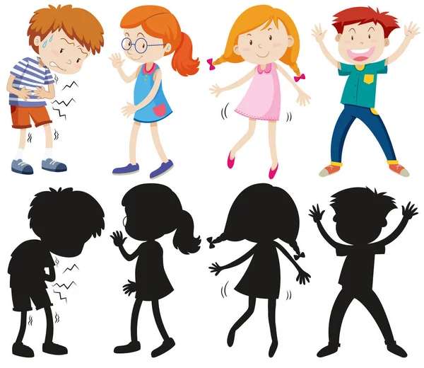 Conjunto Diferentes Crianças Com Sua Silhueta Ilustração —  Vetores de Stock