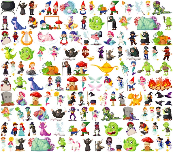 Beyaz arkaplanda izole edilmiş fantastik çizgi film karakterleri ve fantezi teması