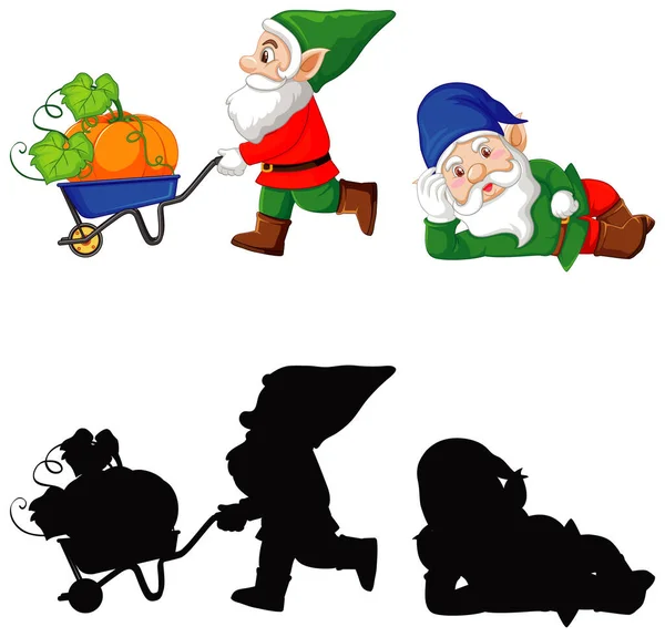 Gnome Färg Och Siluett Tecknad Karaktär Vit Bakgrund Illustration — Stock vektor