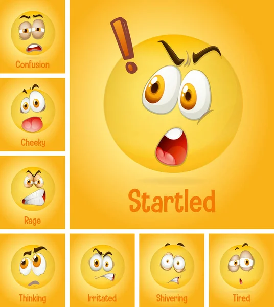 Sada Různých Tváří Emoji Popisem Žlutém Pozadí Ilustrace — Stockový vektor