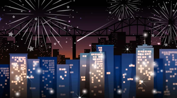 Cityscape Com Celebração Fogos Artifício Cena Ilustração —  Vetores de Stock
