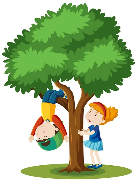 Dos Niños Están Escalando Estilo Dibujos Animados Del Árbol Aislados — Vector de stock