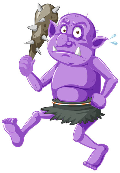 Фиолетовый гоблин или тролль держит охотничий инструмент в мультяшных персонажей изолированной иллюстрации
