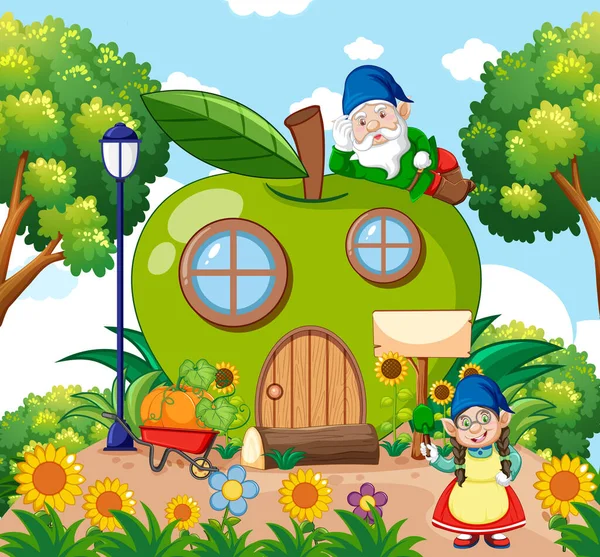 Горизонти Зелений Яблучний Будинок Садовому Стилі Мультфільм Тлі Неба Ілюстрація — стоковий вектор