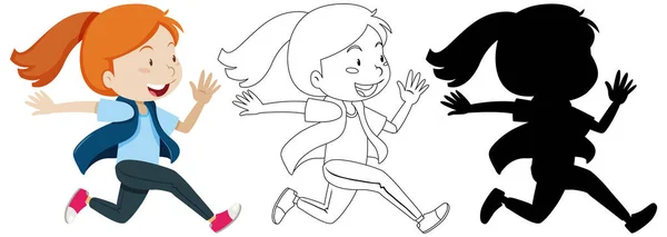 Chica Corriendo Con Contorno Silueta Ilustración — Vector de stock