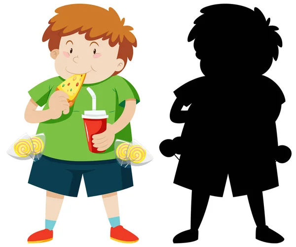 Lindo Niño Gordo Comiendo Pizza Color Silueta Ilustración — Vector de stock