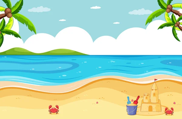 Escena Playa Con Castillo Arena Ilustración Cangrejo — Vector de stock