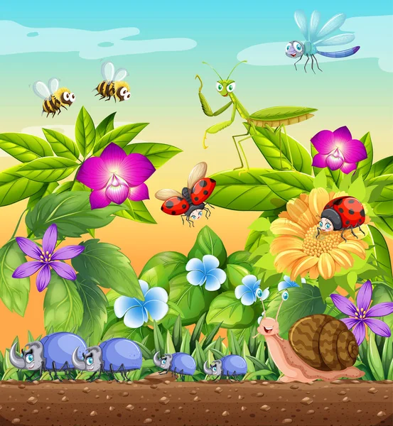 แมลงต อาศ ยอย ในฉากสวนในเวลากลางว — ภาพเวกเตอร์สต็อก