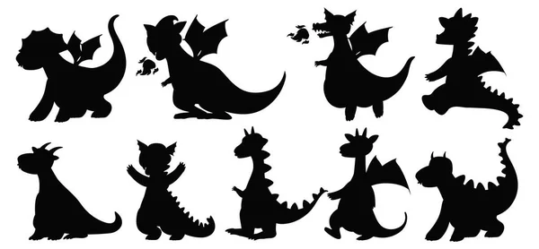 Verschiedene Drachen Silhouette Isoliert Auf Weißem Hintergrund Illustration — Stockvektor