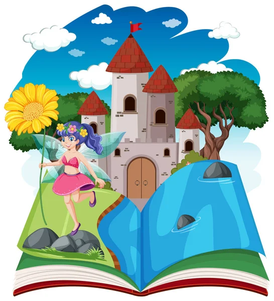 Sprookjes Kasteel Toren Pop Boek Cartoon Stijl Witte Achtergrond Illustratie — Stockvector