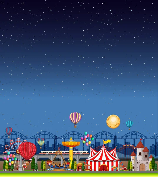 Escena Del Parque Atracciones Por Noche Con Ilustración Blanco Del — Vector de stock