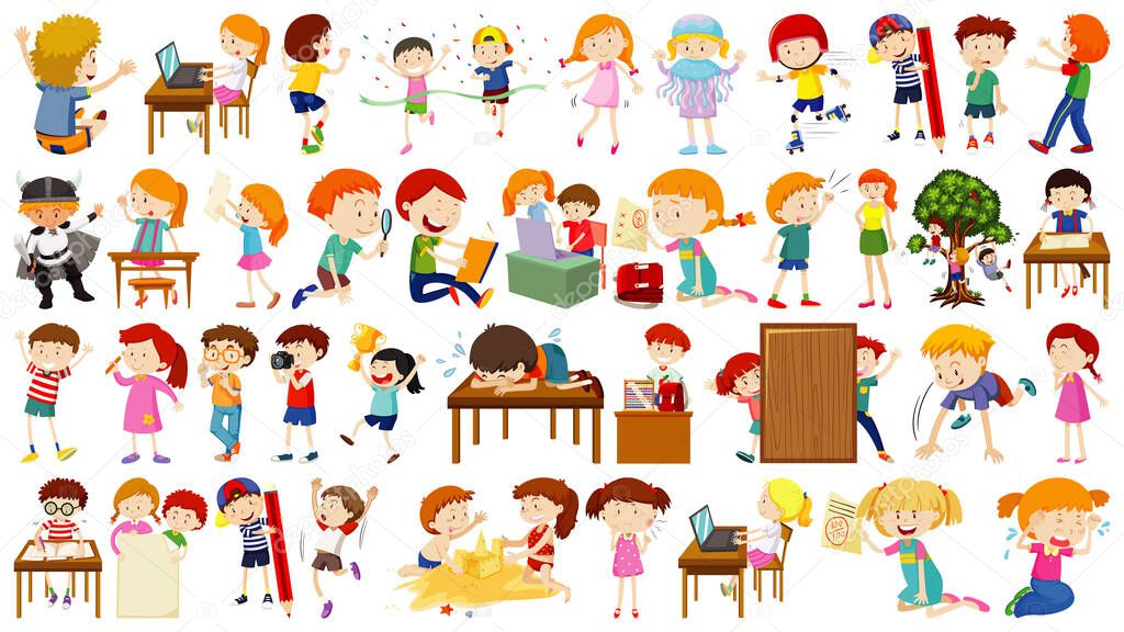 Set of cute kids cartoon character illustration