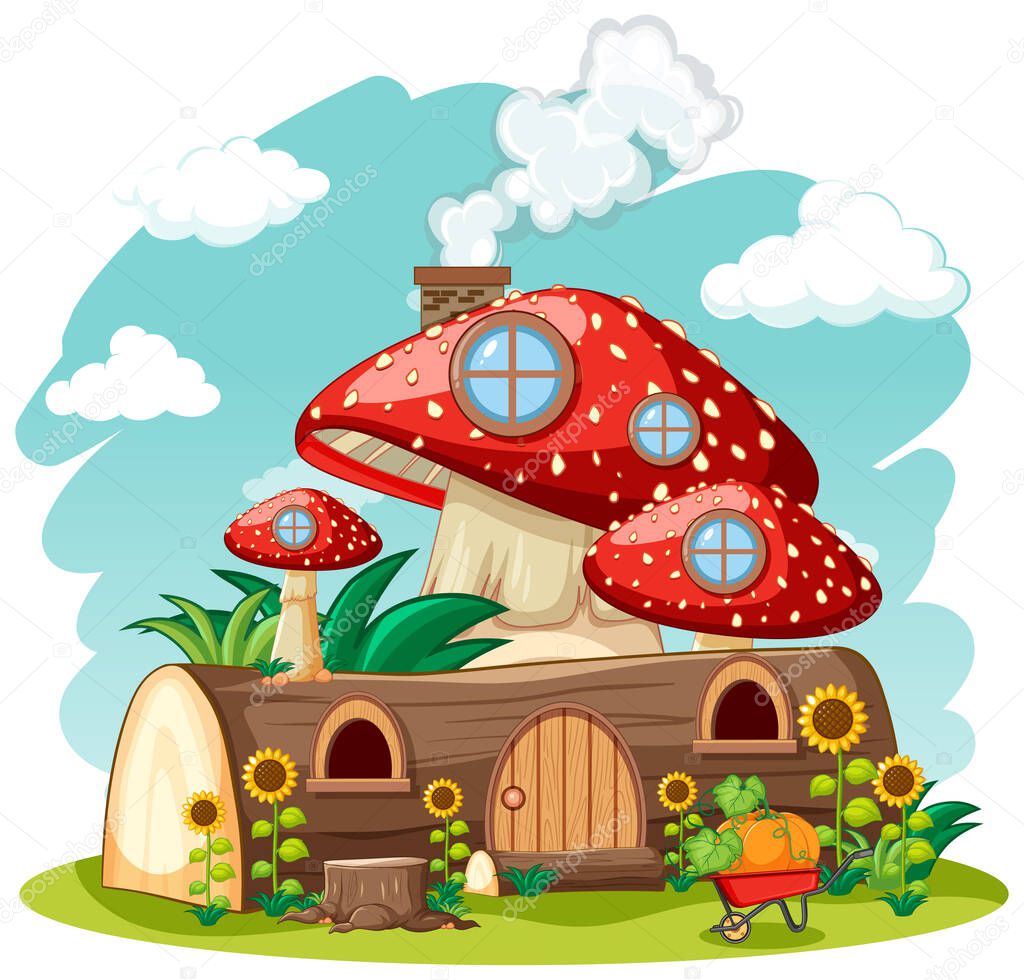 Timber mushroom house and in the garden cartoon style on sky background illustration
