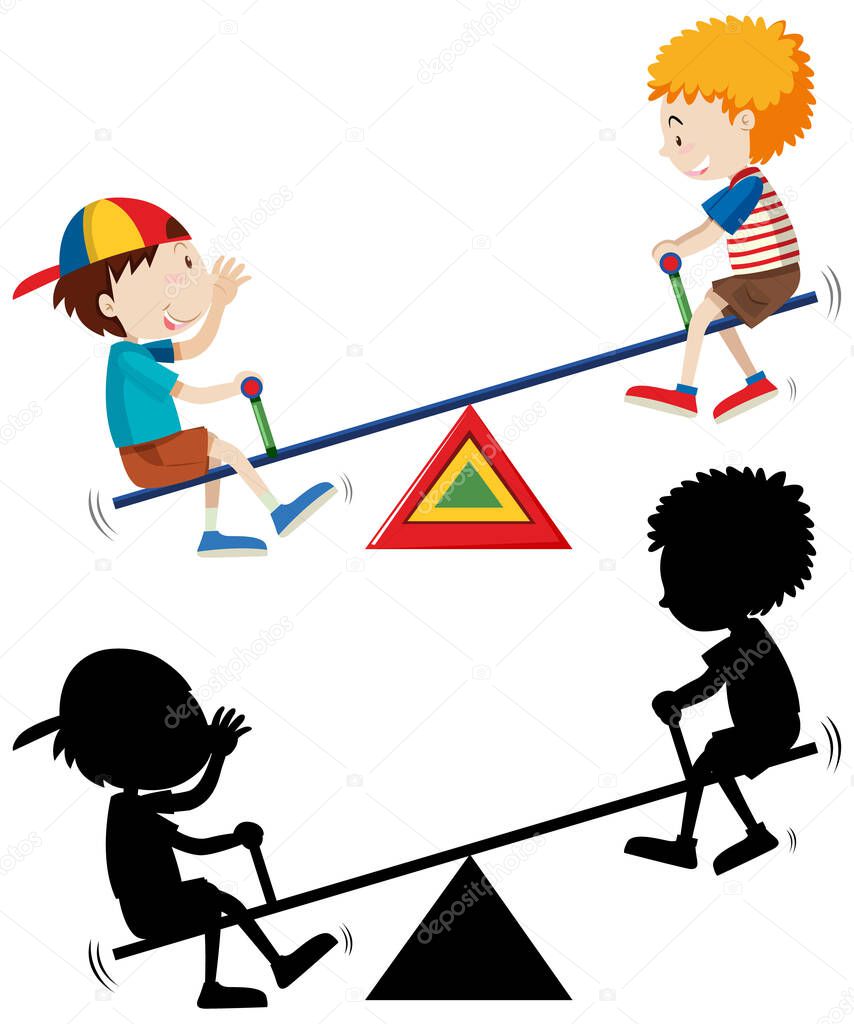 Two kids playing seesaw with its silhouette illustration