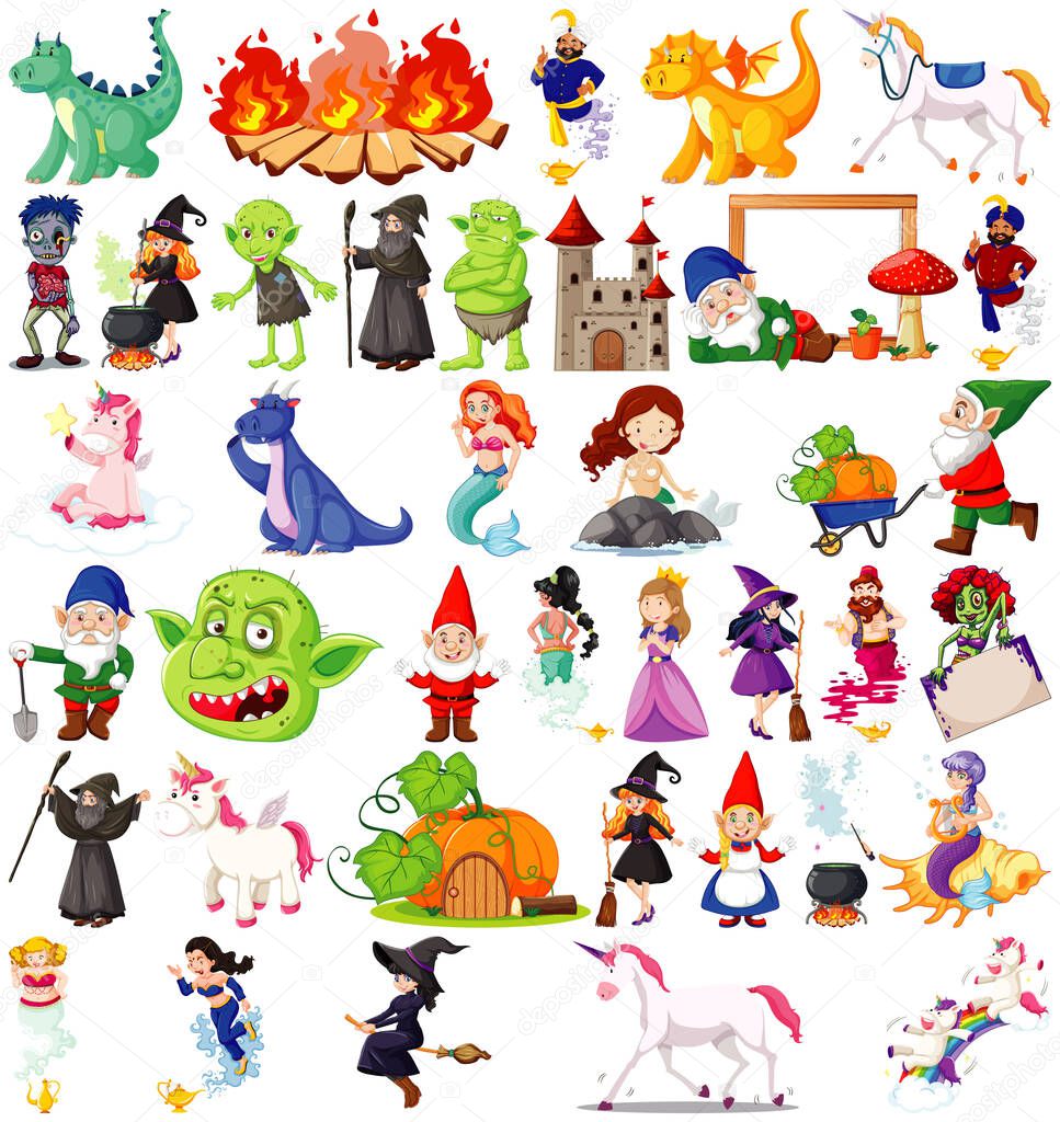 Set of fantasy cartoon characters and fantasy theme isolated on white background illustration