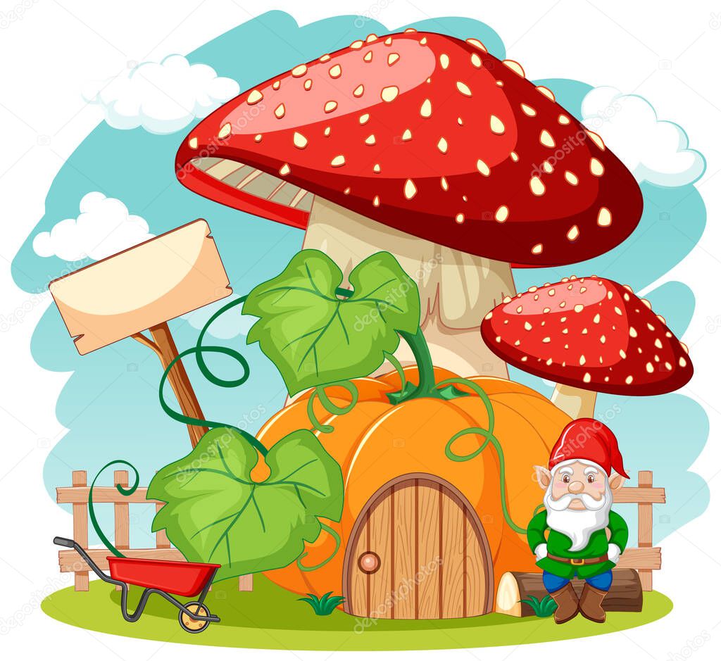 Gnomes and pumpkin mushroom house cartoon style on white background illustration