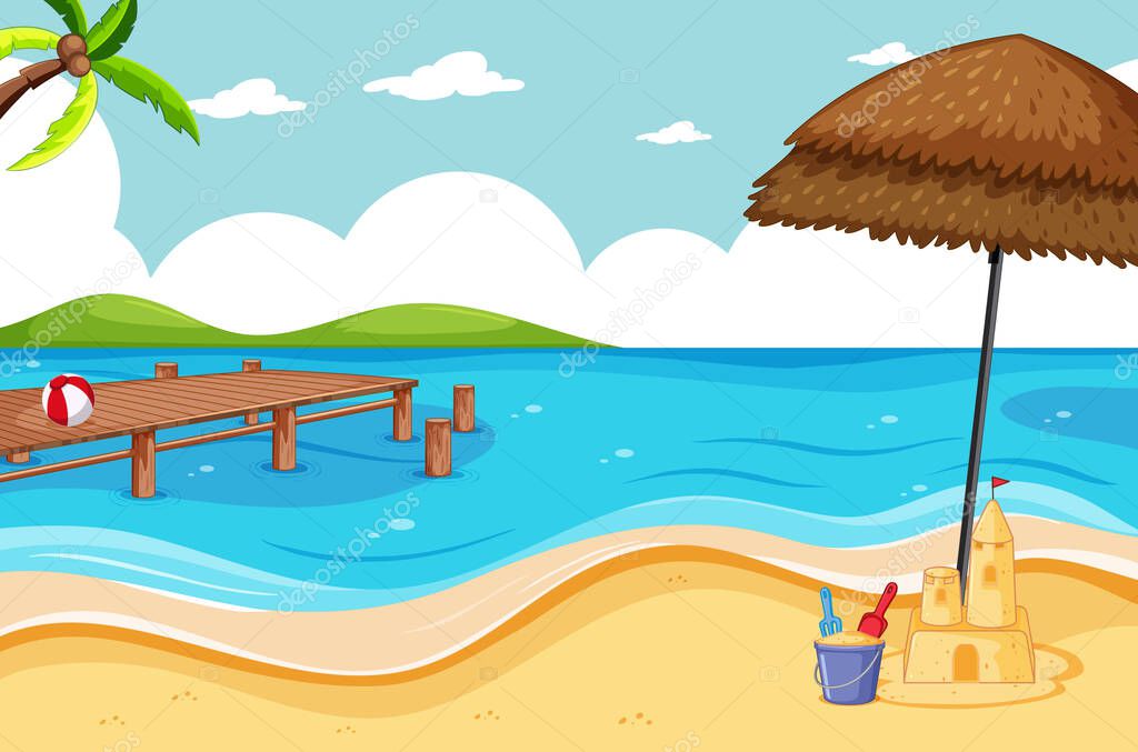 Tropical beach and sand beach scene cartoon style illustration