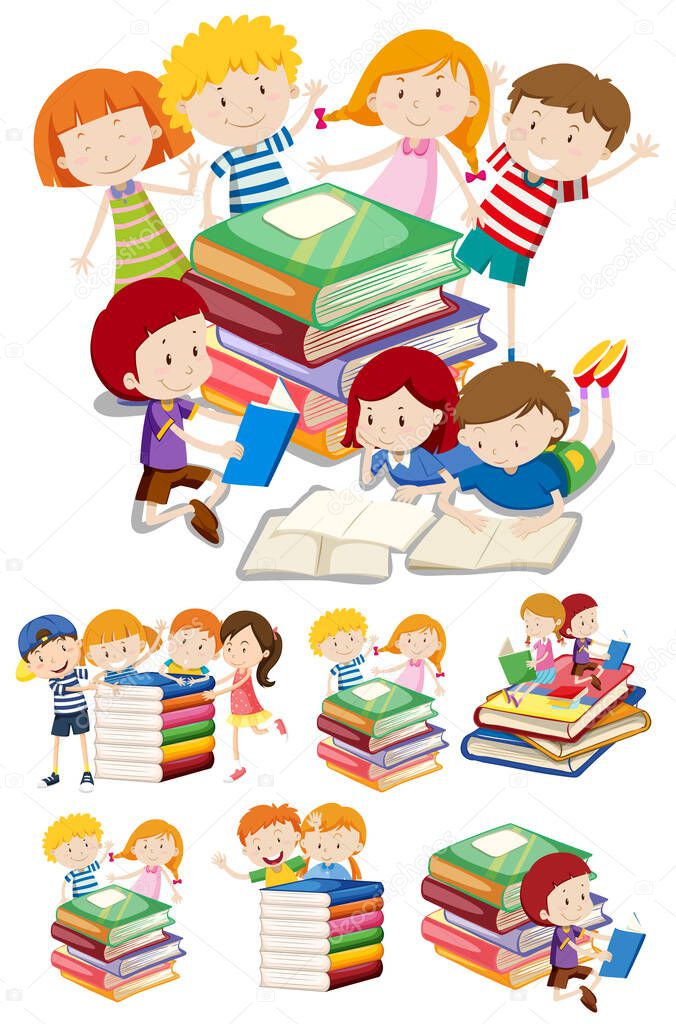 Set of kids and book cartoon style isolated on white background illustration