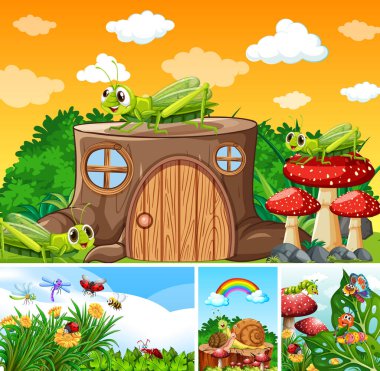 Bahçe arka planında yaşayan bir grup farklı böcek.