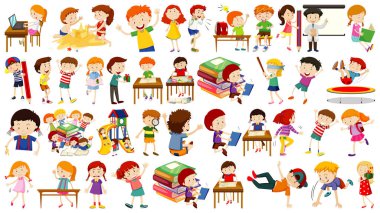 Bir grup sevimli çocuk çizgi film karakteri çizimi