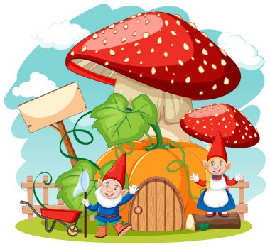 Cüceler ve mantar ev karikatür tarzı beyaz arkaplan çizimi