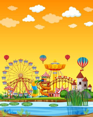 Gündüz bataklık manzaralı, boş sarı gökyüzü resimli bir lunapark.