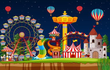 Geceleri gökyüzünde balonlar olan lunapark sahnesi