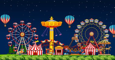 Geceleri gökyüzünde balonlar olan lunapark sahnesi