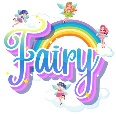 Beyaz arkaplanda küçük periler ve gökkuşağı resimli peri logosu