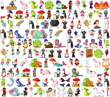 Beyaz arkaplanda izole edilmiş fantastik çizgi film karakterleri ve fantezi teması